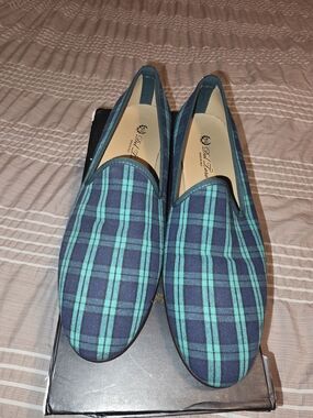 Del Toro Teal and Navy Plaid Smoking Slippers